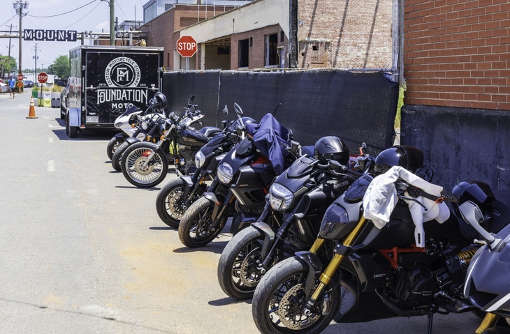 Line of motorcycles at Camp North End, Charlotte, NC