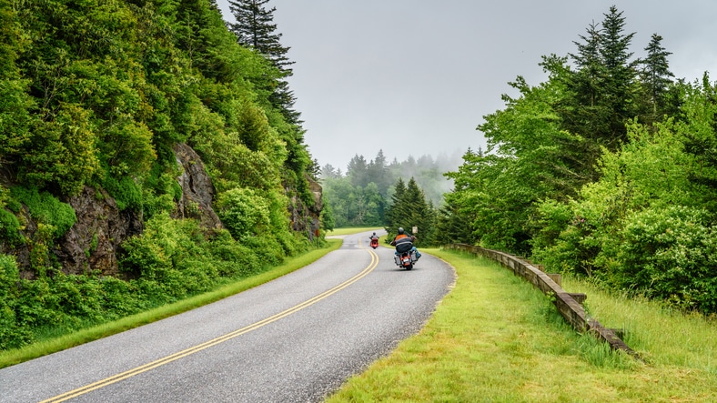 Motorcyclists on the Blue Ridge Parkway on a summer morning