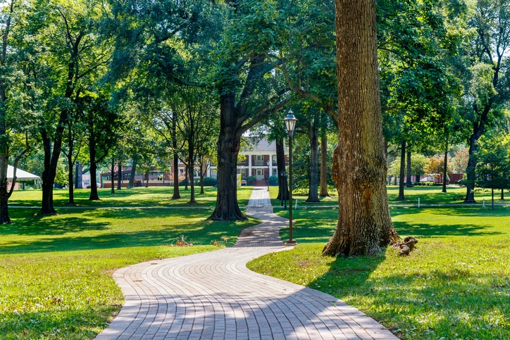 Greensboro, NC, USA - JULY 27: Hege-Cox Hall and Academic Quad on July 27, 2019 at Guilford College in Greensboro, North Carolina.